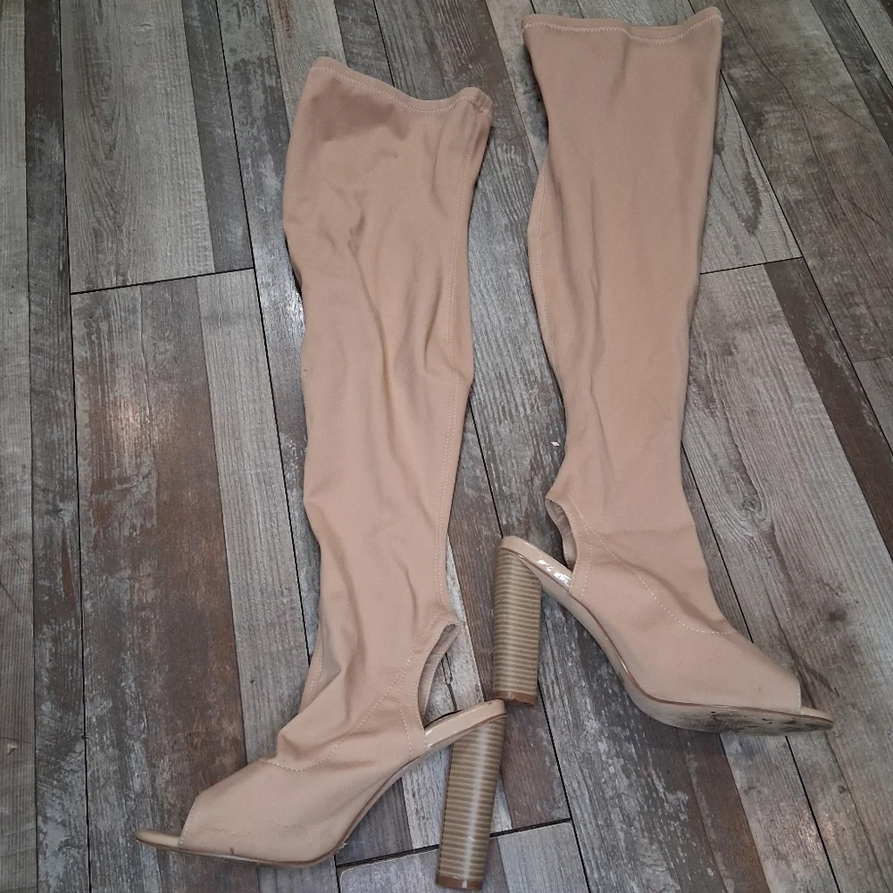 CAPE ROBBIN Connie Tan Thigh High Sock Peep Toe Y2K Block Heel Boots Size 8.5